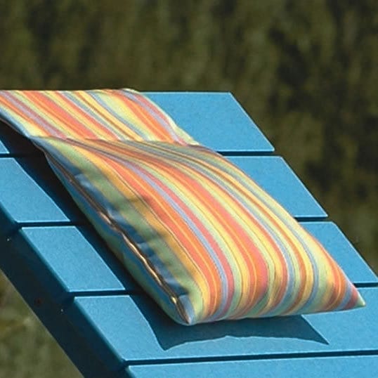 Striped sunbrella headrest on blue chair